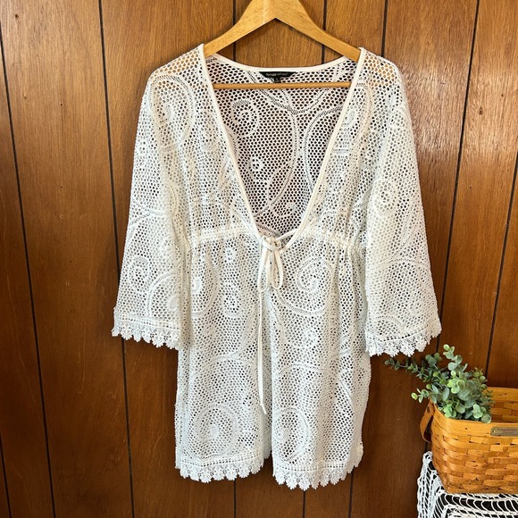 Spiaggia‎ Dolce White Crochet Lace Kimono Cover Up Beach Swim Dress Size L Boho - Picture 2 of 8